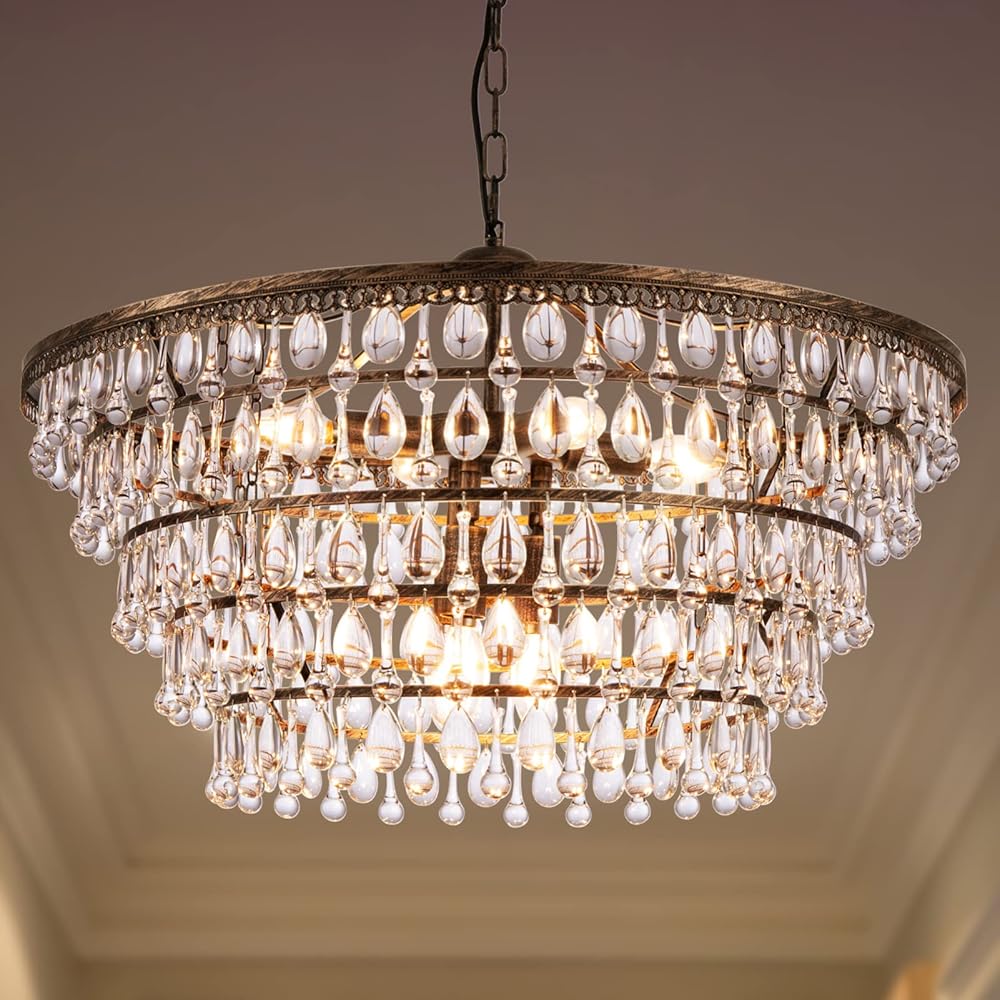 Wellmet Crystal Chandelier Farmhouse 5 Tiers Crystal Light Fixtures Hanging Modern Bronze Ceiling Pendant Light, Chandeliers for Dining Room, Kitchen Island, Bedroom, Foyer, Entryway, Bar, W28-inch