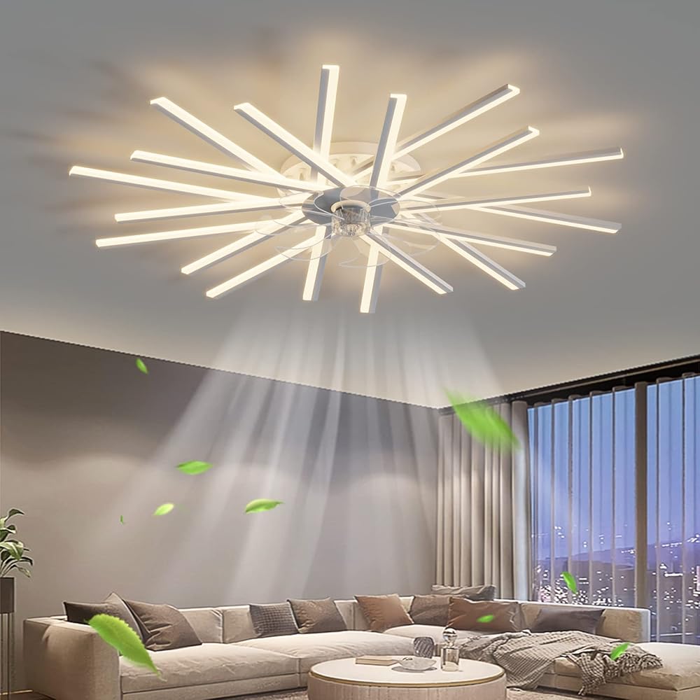 45'' Ceiling Fan with Light, Led Ceiling Fan Strip Bedroom Ceiling Lamp Remote Control 3 Colors Switching Dimming Intelligent 6 Wind Speed Living Room Fan Ceiling Light (45in-white)