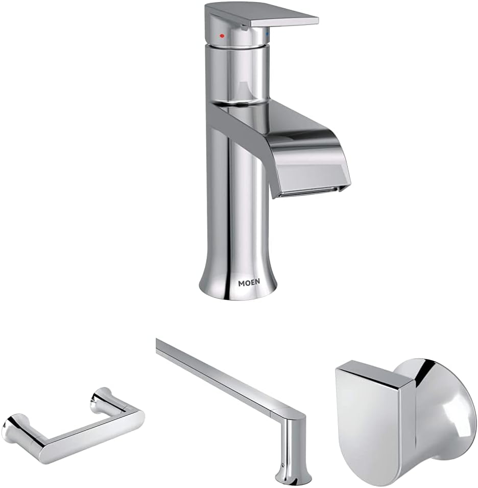 Moen Genta LX One Handle Single Hole Modern Bathroom Sink Faucet, 24-Inch Wall Mount Single Towel Holder, Double Post Pivoting Toilet Paper Holder, and Single Robe Hook, Chrome