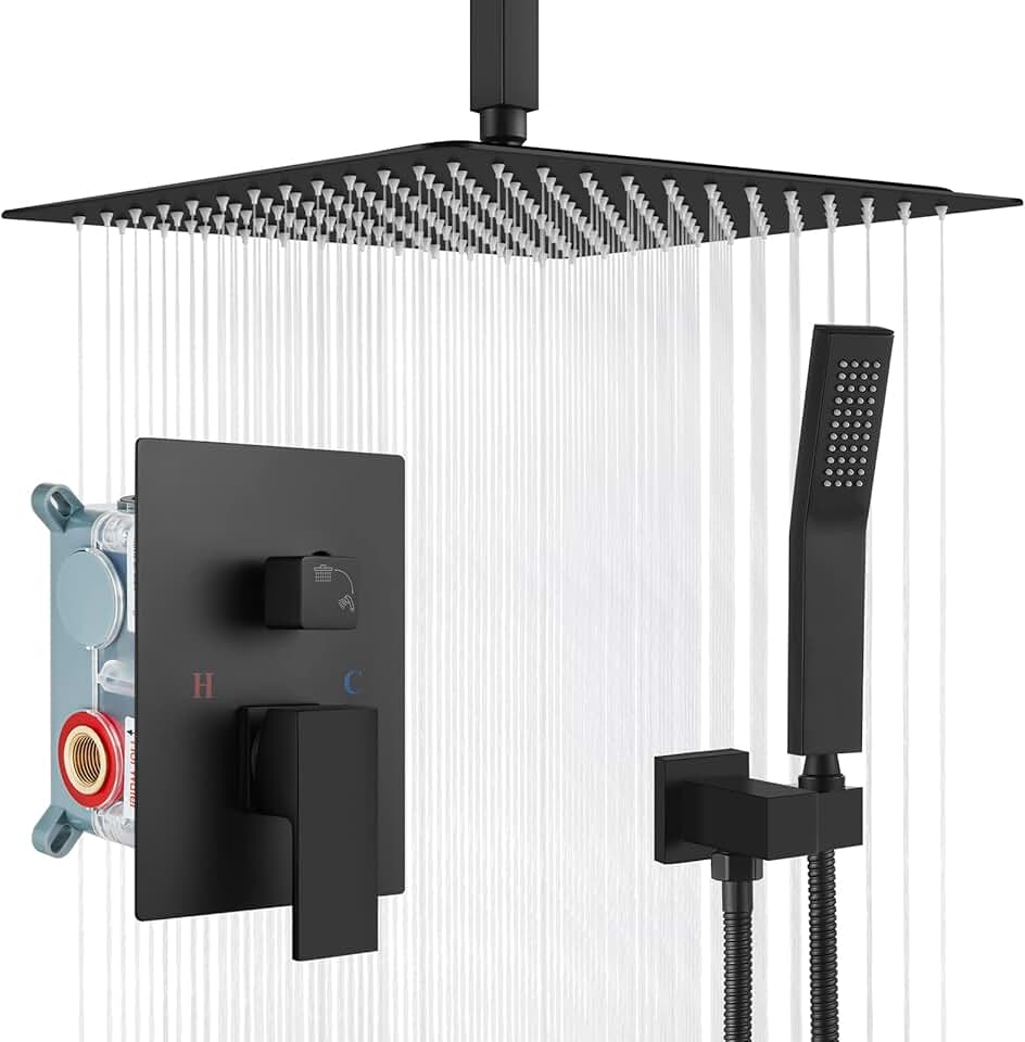 gotonovo Bathroom Rain Shower Combo Set Ceiling Mount with Handheld Spray High Pressure Luxury Shower Mixer Faucet with Rough-in Valve Shower Trim 2 Function 16 inch Shower Head Matte Black