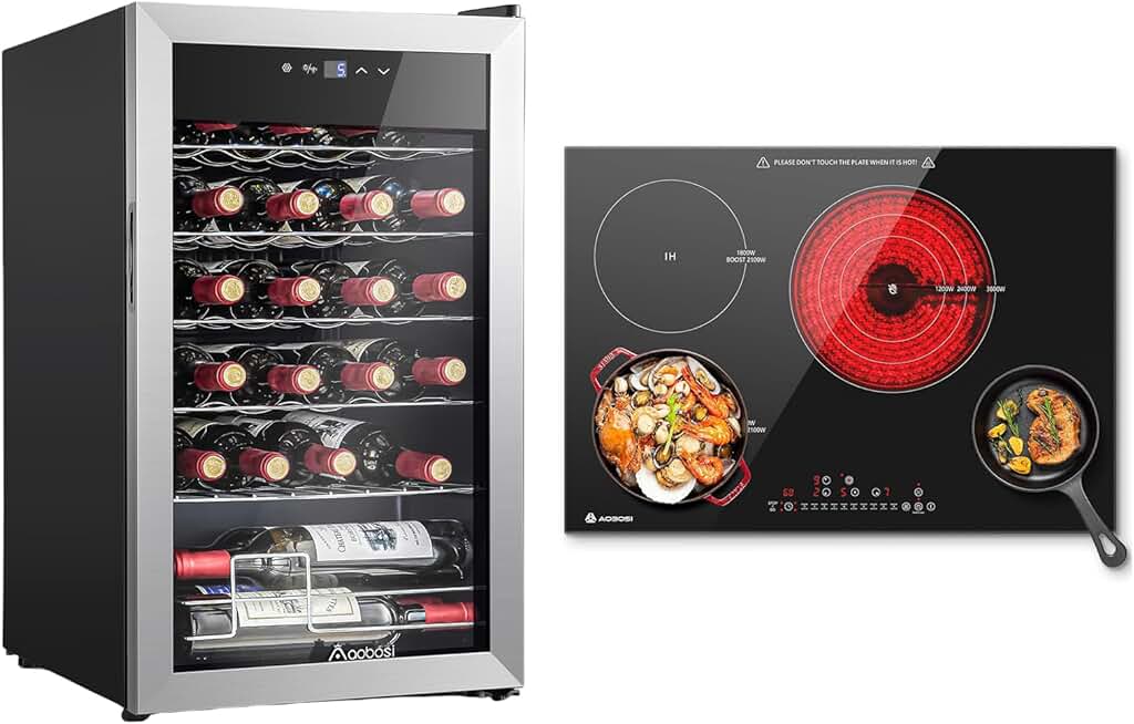 AAOBOSI 30 Inch Electric Cooktop,4 Burners 8700W Induction&Ceramic Built-in Electric Stove, Wine Fridge, 24 Bottle Wine Cooler 46-66℉ Beverage Wine Refrigerator, Glass Door Free Standing
