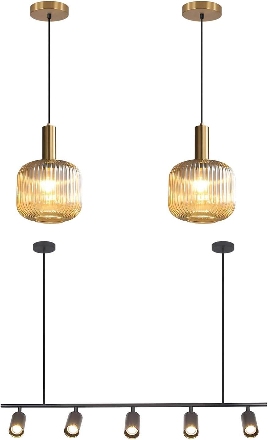 BOKT Glass Pendant Lights Kitchen Island Matte Black Metal 5-Lights LED Linear Track Lighting