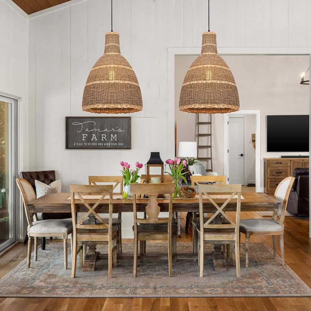 Arturesthome Drum Pendant Lighting Fixture, Handmade Bell Rattan Hanging Ceiling Lights Chandelier, Crafts Lampshade for Coffee Shop Mall Decor