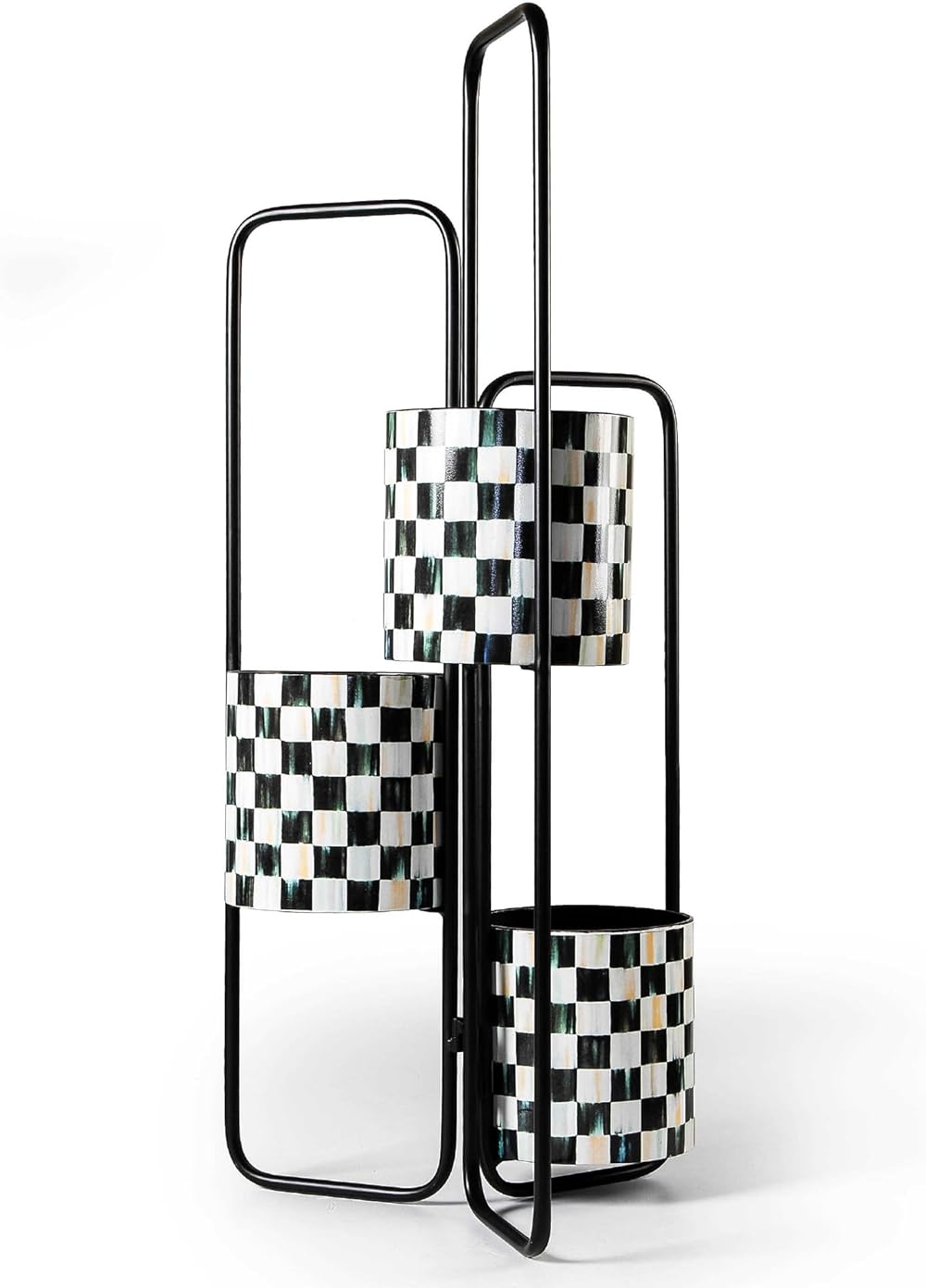 MACKENZIE-CHILDS Triple Plant Stand, Decorative Tiered Plant Stand for Indoor Plants, Black-and-White Courtly Check