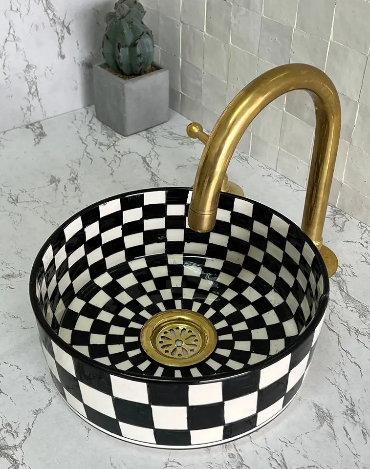 Handmade Countertop Ceramic Wash basin, Checkered Sink Bowl, Hand Painted Above Counter Vessel Sink, Farmhouse Bathroom Ceramic Basin with two gifts (14