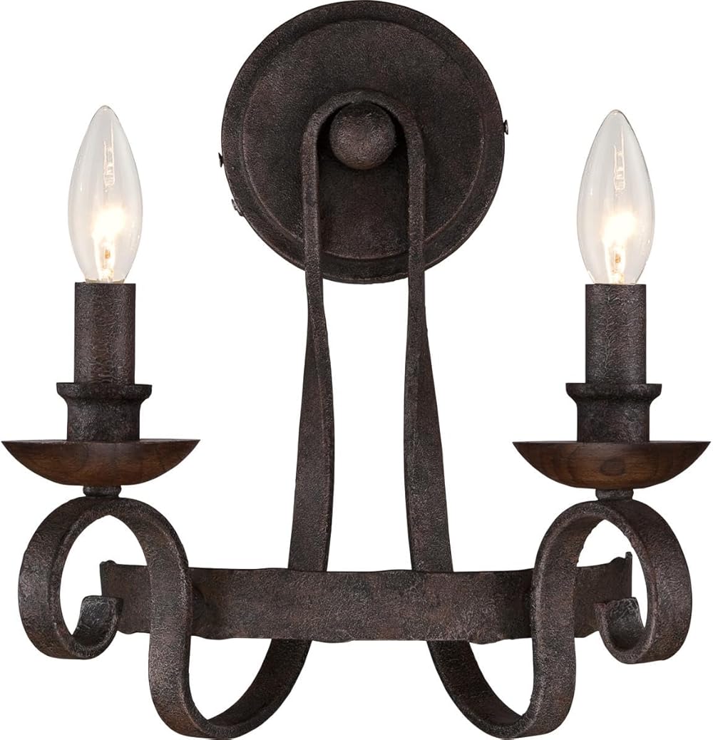 Quoizel NBE8702RK Noble Interior Lighting Traditional European Design Old world Style Hammered Metal & Solid Wood Holders Wall Sconce, 2-Light 120 Total Watts, 14