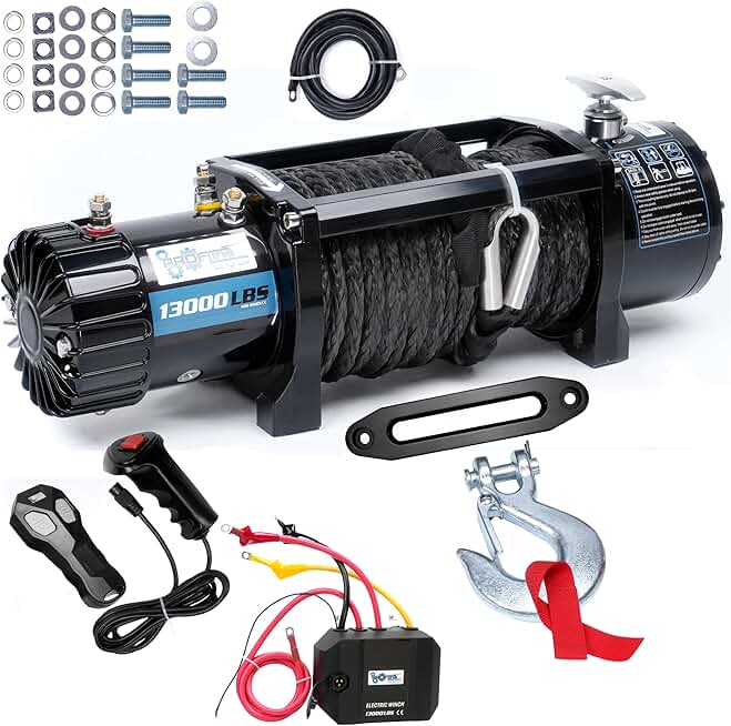 Electric Winch 13000 lbs ATV Winch 12V with Synthetic Rope and Hook Truck Winch with Hawse Fairlead Remote Control for Towing UTV SUV Off Road Vehicle