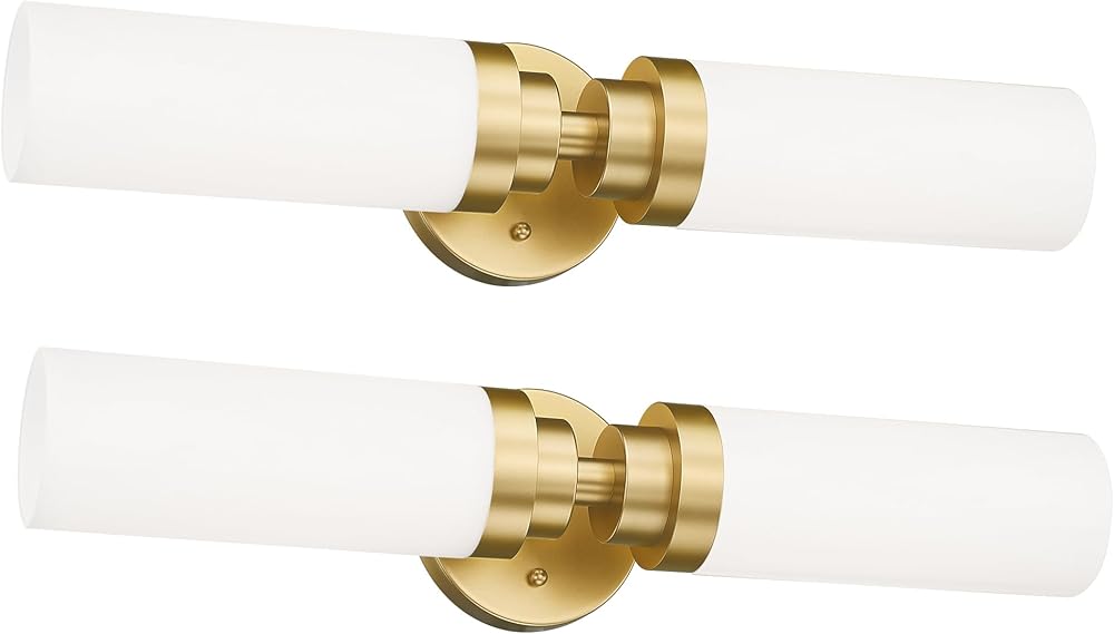 Emak 22 Inch Gold Bathroom Light Fixtures Over Mirror, 2-Light Bathroom Vanity Light with Milk Glass Shade, Modern Wall Sconce Set of Two for Bathroom, Hallway, VL085-GDL-ML-2-2PK