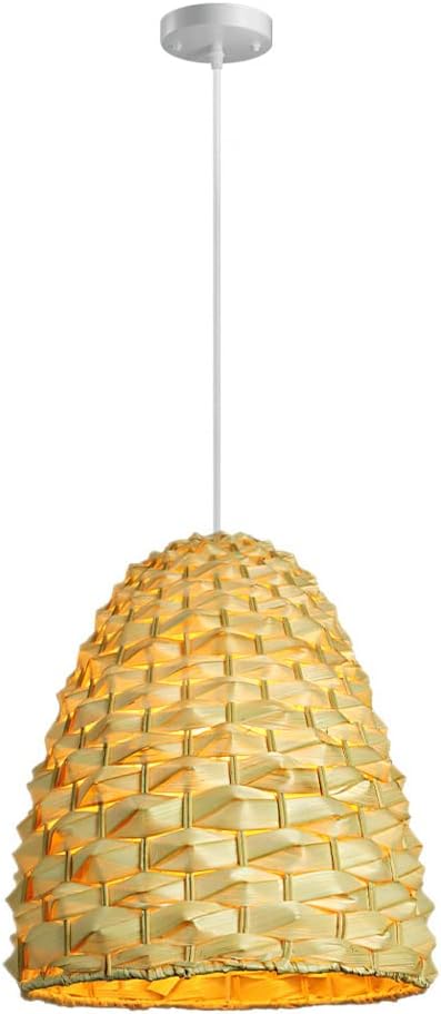 Bamboo Pendant Light Boho Hanging Lamp with Handwoven Rattan Shade, Farmhouse Chandelier Ceiling Swag Lamps for Kitchen Island Dining Room Bar Decor Suspended Lighting