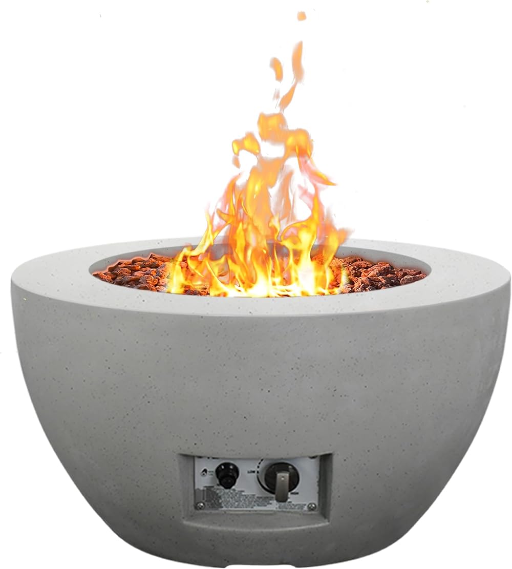 Kante 25 Inch Propane Fire Table, 50,000 BTU Large Concrete Fire Pit Table for Outdoor Garden Patio, Smokeless Gas Fire Pit with Waterproof Cover, Side Handles, Light Gray