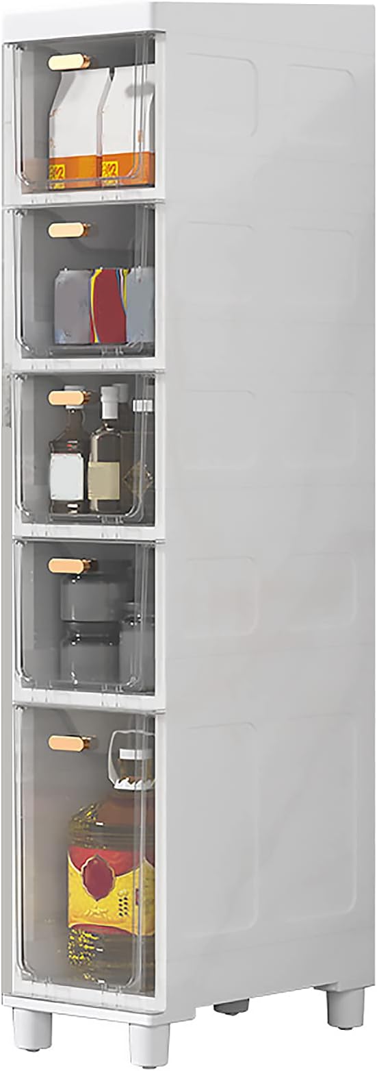 , Slim Rolling Storage Cart and Organizer with Clear Drawers and Casters Corner Floor Cabinet for Small Spaces and Gaps, Bedroom, Nightstand, Kitchen, White