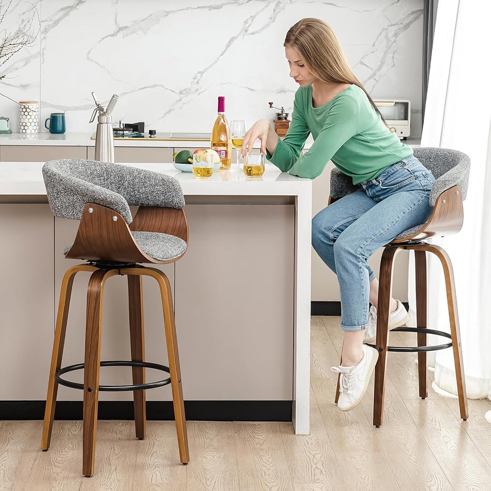 glitzhome Bar Height Swivel Barstools Set of 2, 29.5’’ Seat Height Upholstered Fabric Bar Chairs with Back& Footrest, Walnut Wood Frame Bar Stools for Kitchen Island, Home Bar,Grey