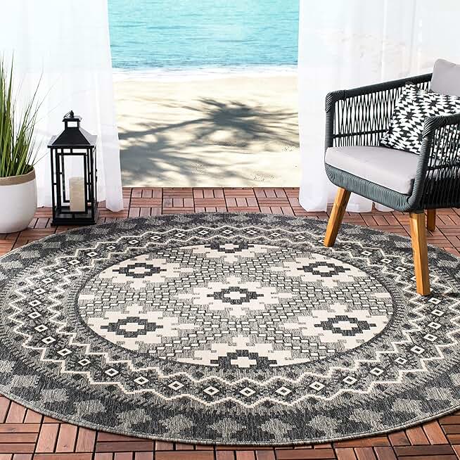 SAFAVIEH Veranda Collection Area Rug - 8' Round, Ivory & Charcoal, Boho Design, Non-Shedding & Easy Care, Indoor/Outdoor & Washable-Ideal for Patio, Backyard, Mudroom (VER099-3435)
