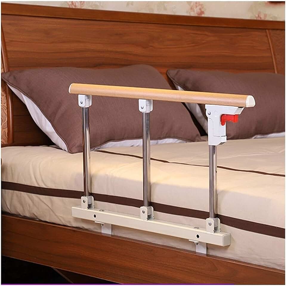 Side for Elderly Bed Rail,Foldable Safety Side for Adults Safety Handrail Railing Yellow Wood Grain Color Stainless Steel Care Aid Devices Bed Side Handrail (A)