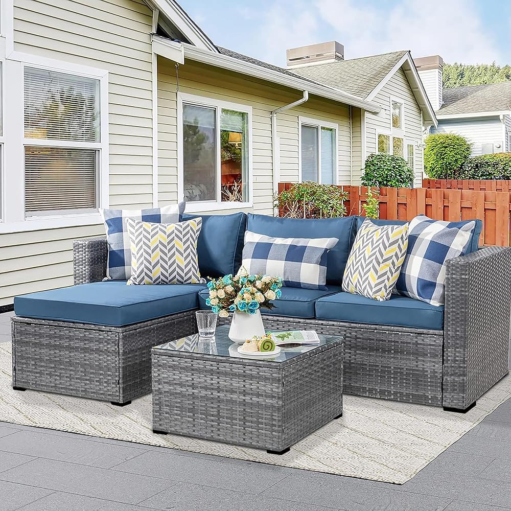 Shintenchi Patio Furniture Sets 3 Pieces Outdoor Sectional Sofa All-Weather PE Rattan Wicker Sofa Small Patio Conversation Couch with Washable Cushion and Glass Table