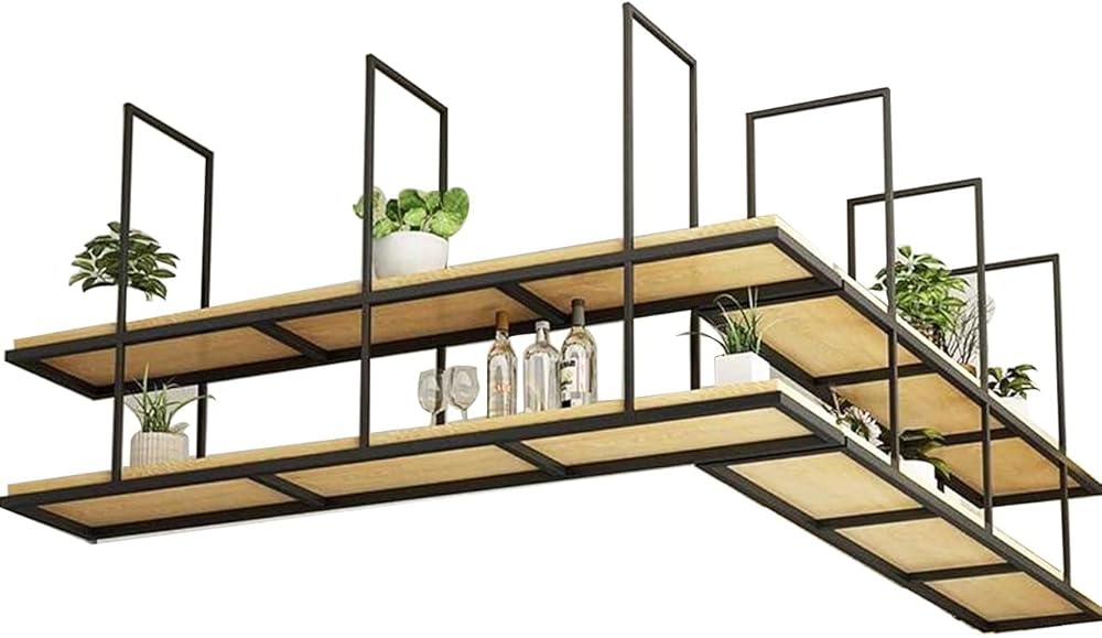 Flower Stands Pot Pan Storage Rack，Industrial Ceiling Hanging Shelf Wall Mounted Media Console for Bar Kitchen Garage - Solid Wood 2 Tier Black，6 Sizes (Size : 140x30x80cm)