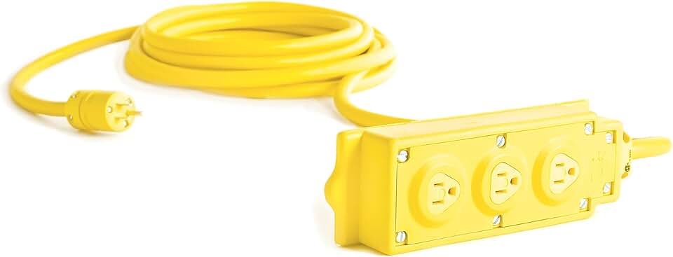 Woodhead 31593A143 Super-Safeway Multi-Tap Strip Outlet Box with Buss Bars - Yellow, 2Pole/3Wire, 25ft. 14/3 SOOW Cord, NEMA 5-15, 15A/125V