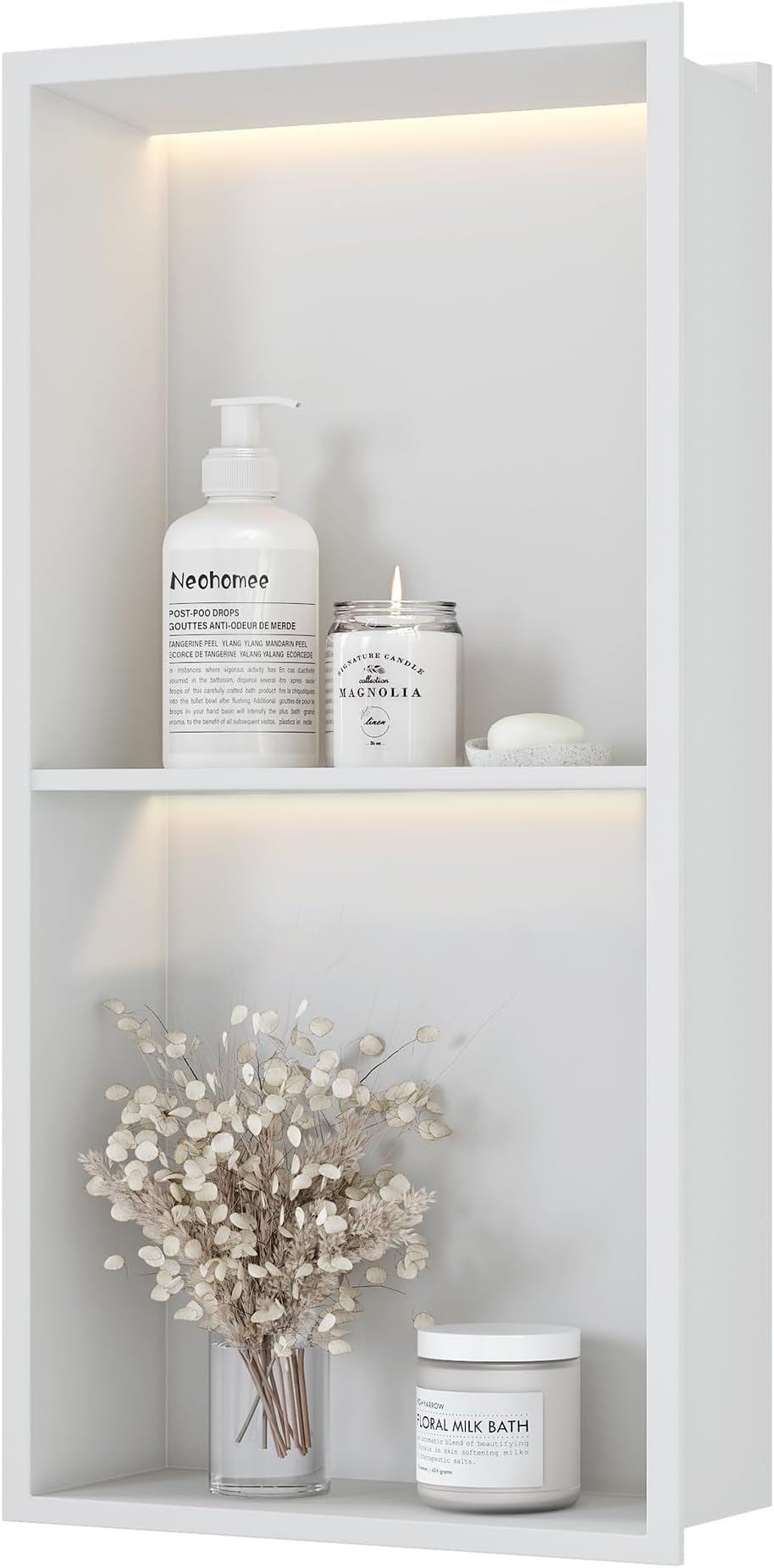 2-Tiers 12x24 Wall Niche with LED Light Strips, White Shower Niche Cabinet, Stainless Steel Bathroom Shelf, NO Tile Needed Recessed Niche Storage Organizer (Non-dimmable LED Light)