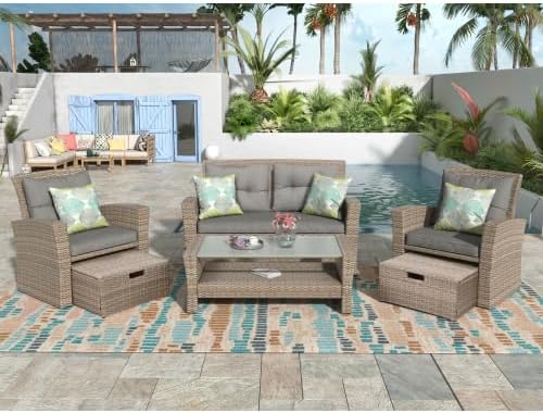 Patio Furniture Set of 4 Piece Outdoor Conversation Set All Weather Wicker Sectional Sofa with Ottoman and Cushions, Gray