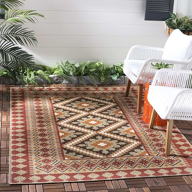 SAFAVIEH Veranda Collection 9' Square Red / Natural VER099 Boho Indoor/ -Outdoor Non-Shedding Easy -Cleaning Patio Backyard Porch Deck Mudroom Area -Rug