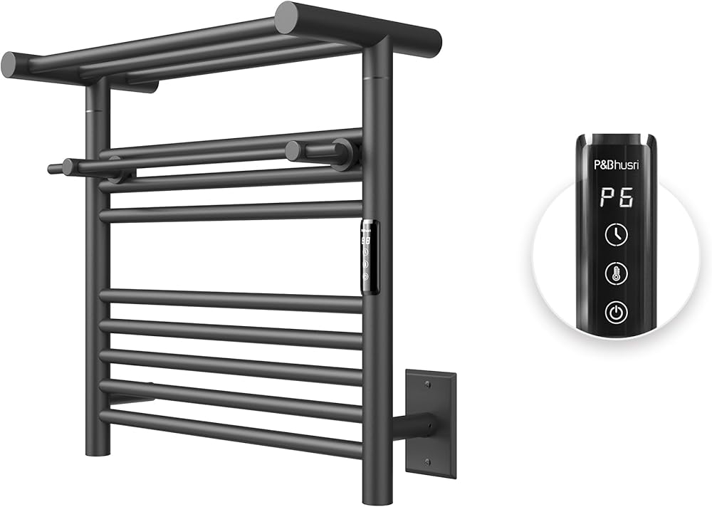 P&Bhursri Heated Towel Rack for Bathroom, Towel Warmer with Top Shelf, H 19.69 x W 19.69, Wall Mounted Towel Warmer Rack, Hard-Wired/Plug-in, Matte Black