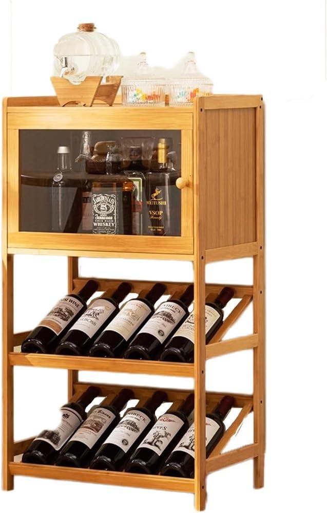 Floor Bamboo Wine Rack Cabinet, Free Standing 15 Bottles Display Storage Shelf, with Storage Cabinet & Glass Holder, Vertical Wine Bar Cabinet Organizer for Kitchen, Pantry, Home Bar ( Size : 3 layer