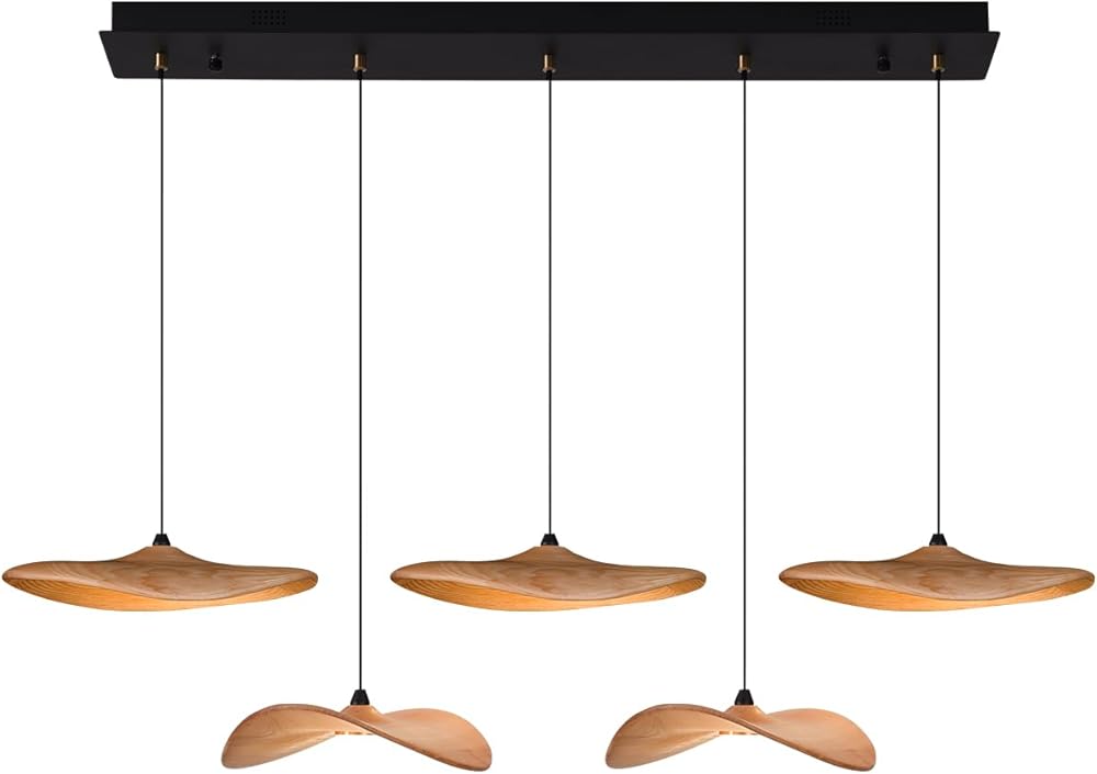 Wood Pendant Light Modern Chandelier, 5-Lights Dining Room Light Fixture with Wooden Lampshade Hanging Kitchen Chandelier for Dining Room Kitchen Bar Pool Table, Light Wood (Buld Included)
