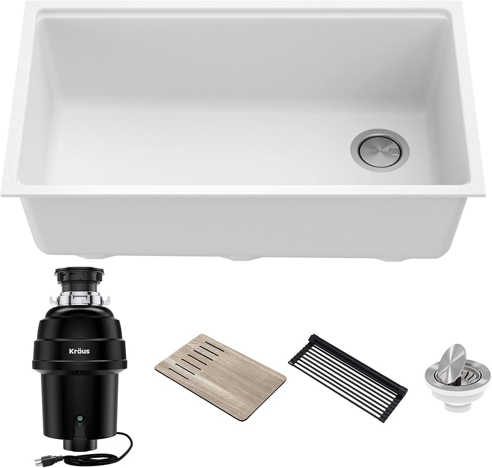 Kraus KGUW1-33WH-100-100, Bellucci Workstation 32 in. Undermount Granite Composite Single Bowl Kitchen Sink in White with WasteGuard 1 HP Continuous Feed Garbage Disposal and Accessories
