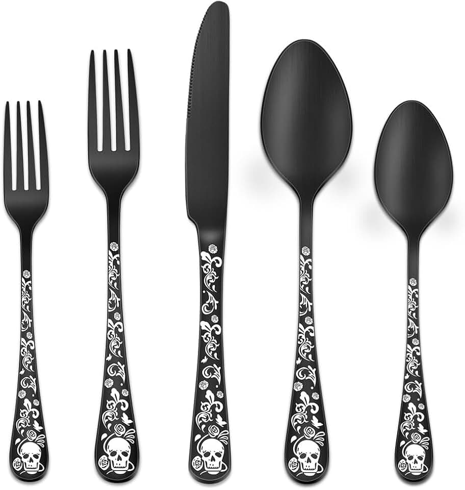 40-Piece Matte Black Silverware Set for 8, Skull Rose Cultery Set Stain Finish Stainless Steel,Kitchen Knives Forks Spoons Flatware Set, Dinnerware Daily Halloween Party Event Skull Pattern