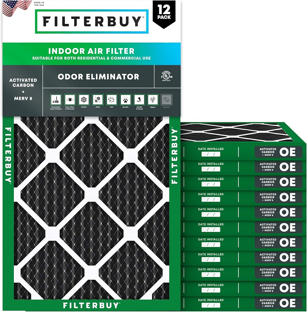 Filterbuy 20x25x1 Air Filter MERV 8 Odor Eliminator (12-Pack), Pleated HVAC AC Furnace Air Filters Replacement with Activated Carbon (Actual Size: 19.50 x 24.50 x 0.75 Inches)