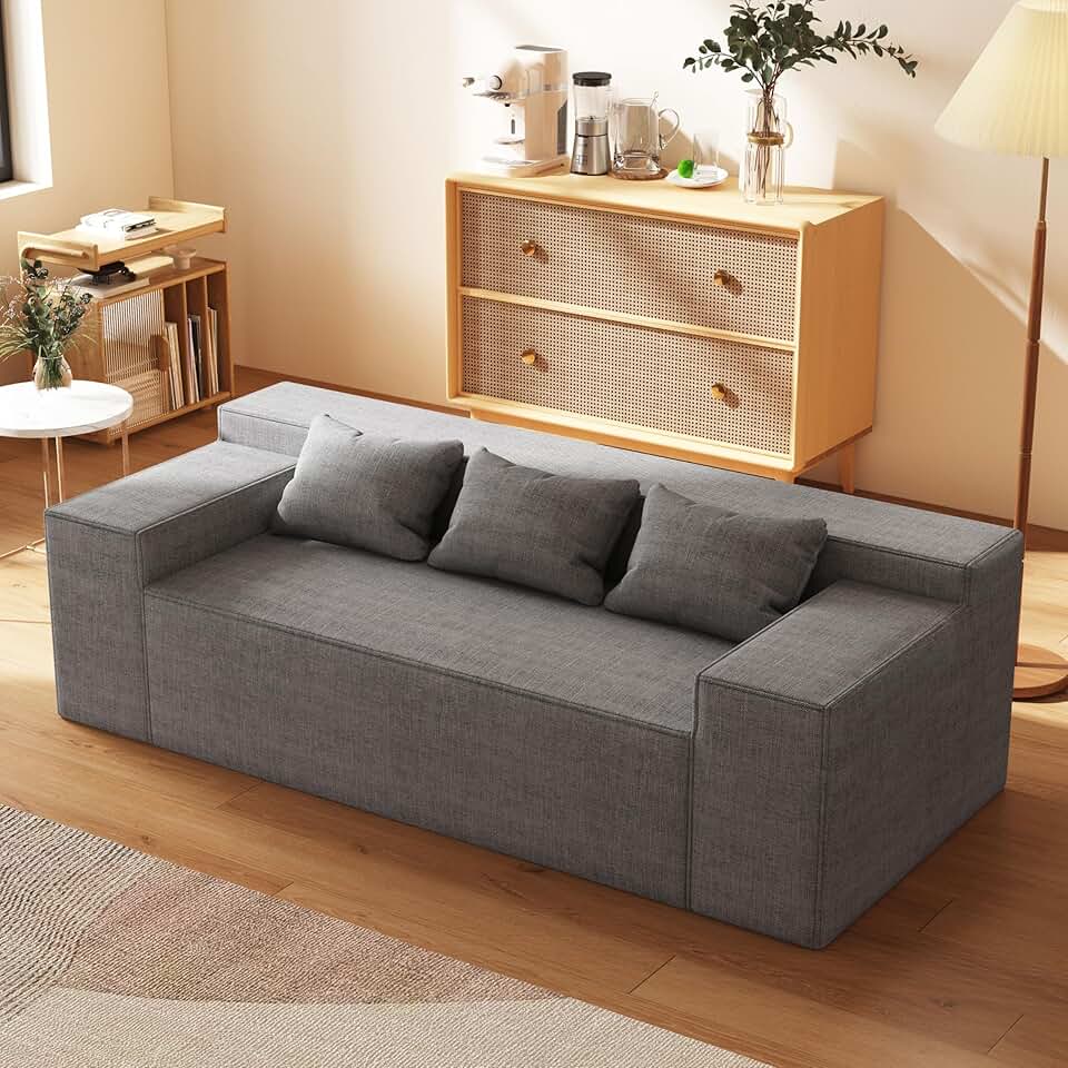 Modern 3-Seater Sofa, Hybrid Sofa in a Box, No Assembly Required, Comfy Sofa Couch with 3 Matching Pillows, Cat-Scratch Resistant Linen, Couch for Living Room or Bedroom, Grey