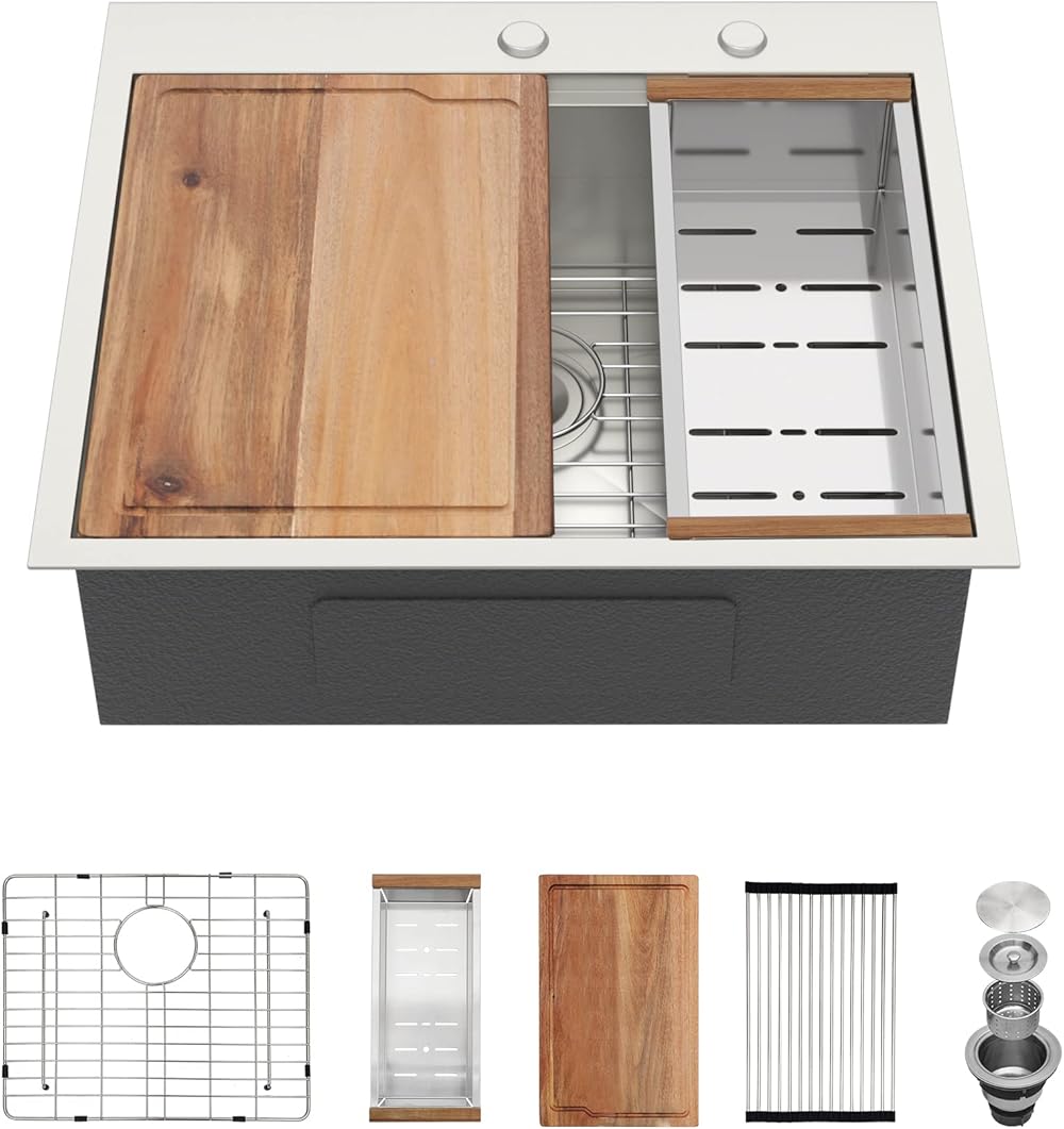 25 Inch Drop In Kitchen Sink Workstation 16 Gauge Stainless Steel Kitchen Sinks Topmount Single Bowl, 25x22x9