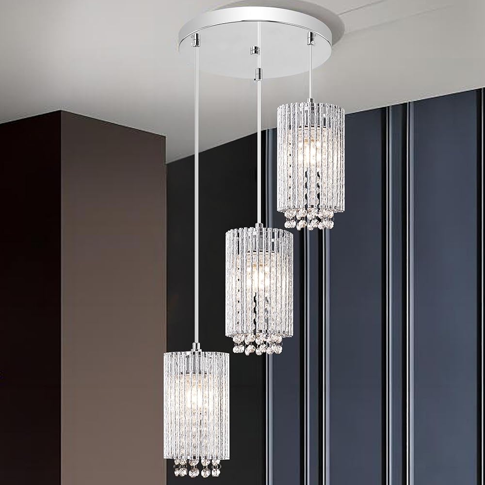 MO&OK Modern Pendant Light Mini Crystal Chandeliers Adjustable Hanging Fixtures for Kitchen Island Dining Room Bedroom (Chrome, 3-Light), Silver-3