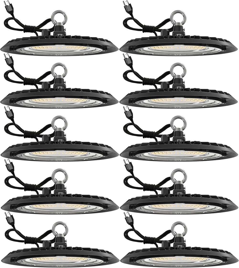 Sunco 10 Pack UFO LED High Bay Light, Plug & Play Lighting for Warehouse, 5000K Daylight, 150W, Power Cord Included, 19500 LM, 120VAC, IP65 Waterproof Shatterproof Fixture - UL Listed