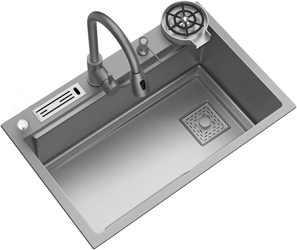 Nano Single Bowl Kitchen Sink 304 Stainless Steel Bar Sink Multi-Purpose Household Sink Rv Sink with Pull-Out Faucet and Cup Washer Top Mount Or Undermount (Color : Gun Gray-A, Size : 80x50x