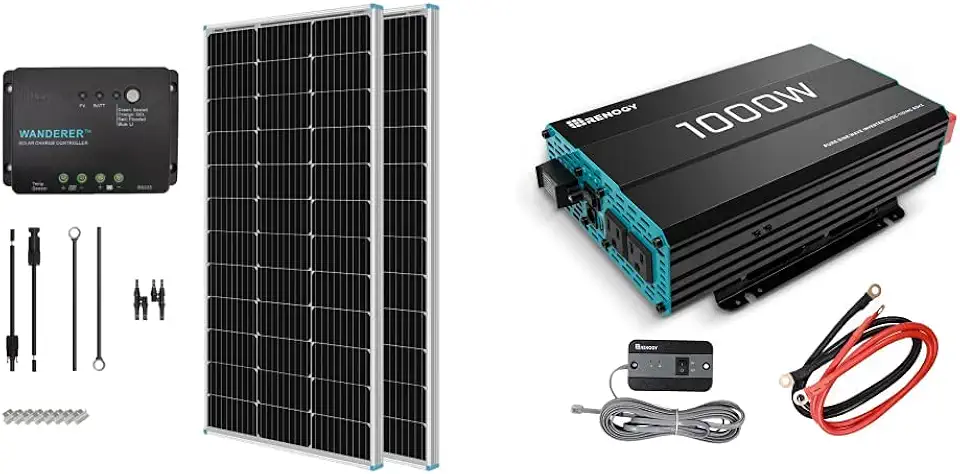 Renogy 200 Watt 12 Volt Monocrystalline Solar Panel Starter Kit & 1000W Pure Sine Wave Inverter 12V DC to 120V AC Converter for Home, RV, Truck, Off-Grid Solar Power Inverter 12V to 110V