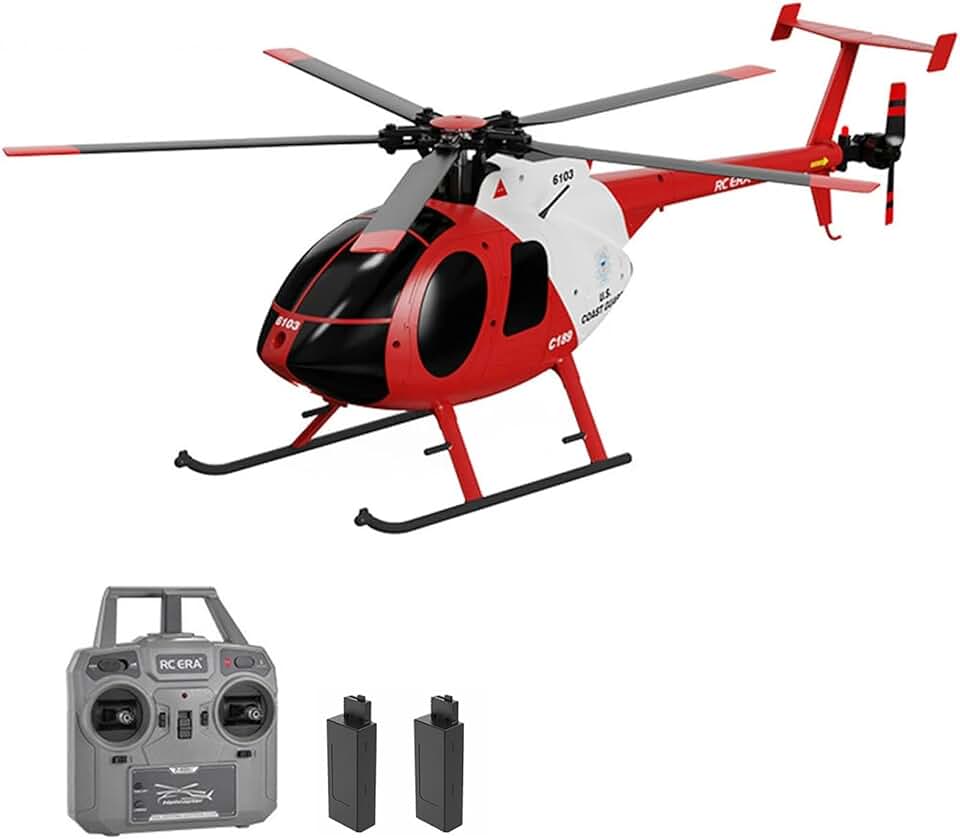 Remote Control Helicopter, 2.4G 4CH UAV 1:28 Fixed Height Single Blade Flybarless Remote Control Helicopter RTF with Optical Flow Localization 2 Battery - Red