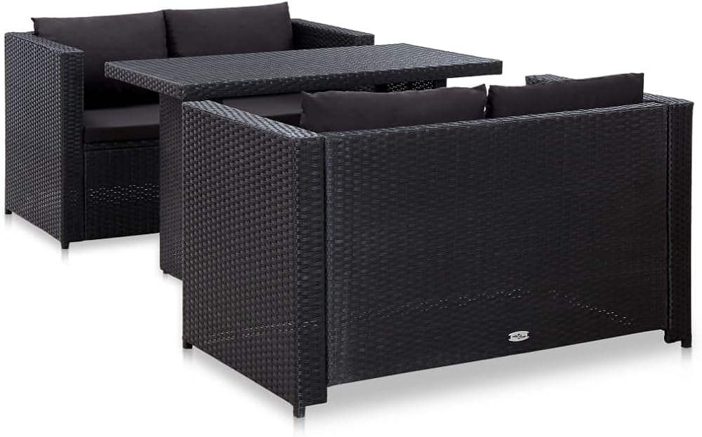 3 Piece Patio Lounge Set with Cushions,Coffee Table Set,Conversation Furniture,Patio Decor,Cushion Cover Removable,Assembly Required,Used in Homes, or Sitting Area,Reading Area, Poly Rattan Black