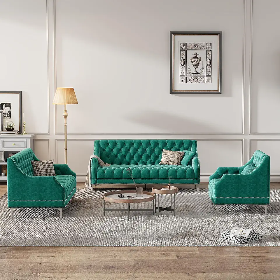 Chesterfield 3 Piece Sofa Set, Frosted Velvet Upholstered Button Tufted Sectional Couch with Metal Legs and Rivets Arms, Three-Seat Chair & Loveseat and Single Chair,Living Room FurnitureSets