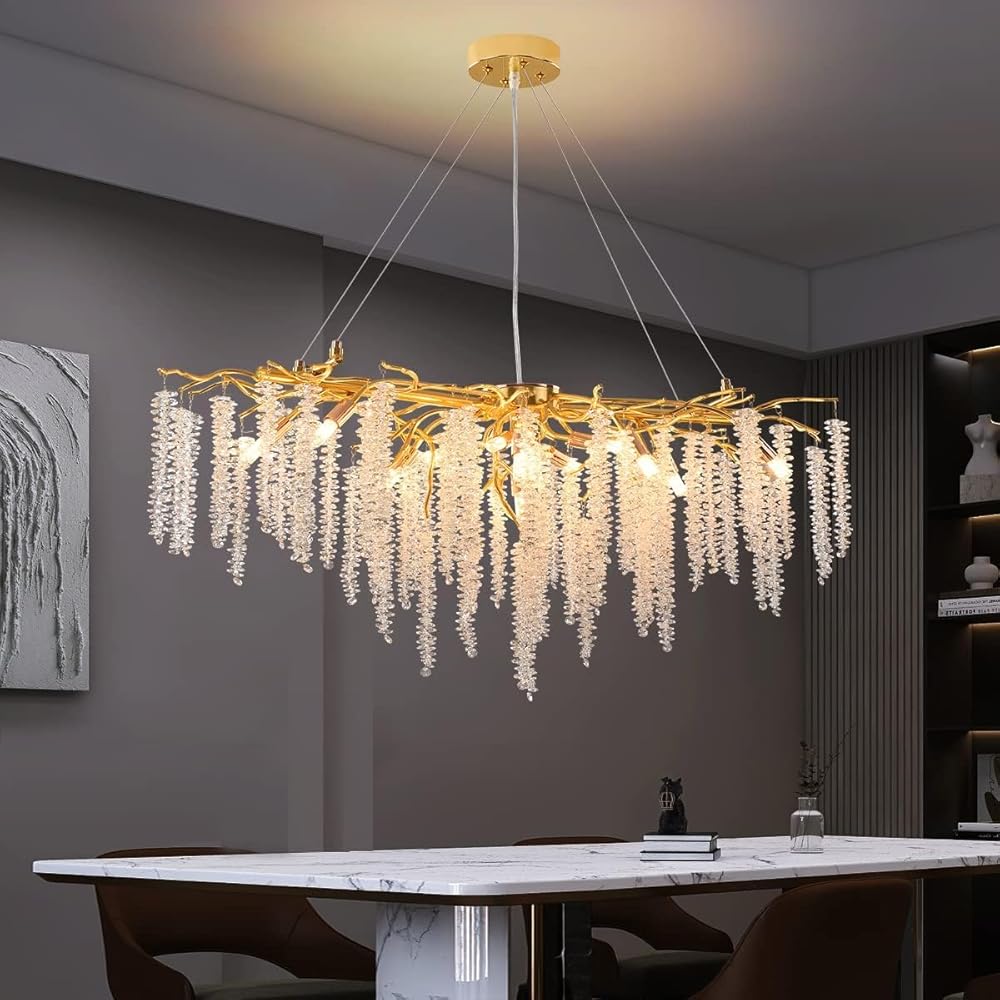 Tree Branches Chandeliers Gold L43 Luxury Rectangular Raindrop Crystal Pendant Light 13 Lights Ceiling Hanging Light for Living Dining Room,Foyer,Kitchen Island