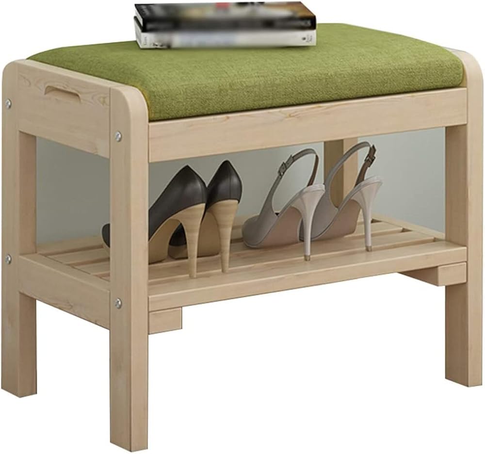 Shoe Storage Bench Entryway Hallway Furniture, Shoe Bench Rack with Cushion Double-Layer Large Capacity, Household Simple Solid Wood Shoe Changing Stool, Multifunctional Storage Stool(Primary Color+gr