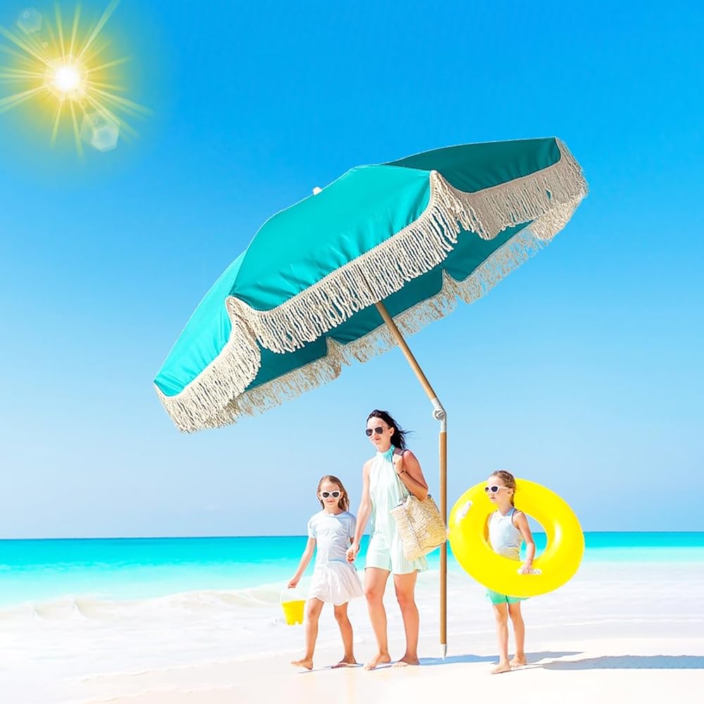 6ft Table Umbrella Windproof Patio Umbrella With Fringe UPF50+ Boho Beach Umbrella With Tassels Backyard Umbrella Tilt Portable Outdoor Umbrella Waterproof Carry Bag For Garden Pool Lawn/8 Ribs