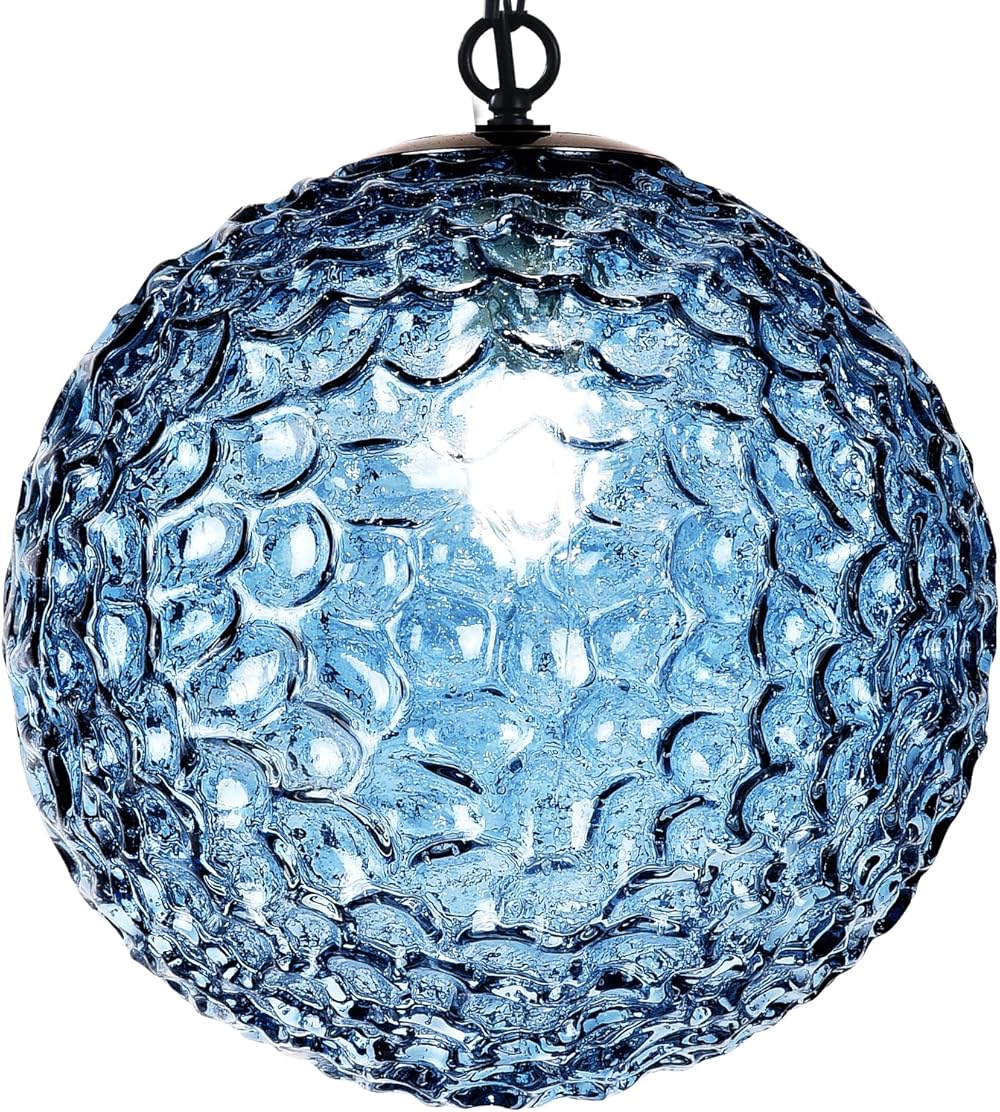 Pendant Lighting - Hand Blown Cobalt Blue Glass Pendant Lights for Dining Room, Kitchen Island,Globe Modern Farmhouse Black Pendant Light Fixtures Adjustable Chain 12.5-inch Diameter…