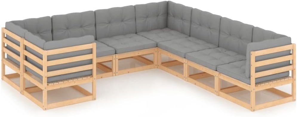 vidaXL Patio Furniture Set 8 Piece, Garden Sofa Set with Cushions, Outdoor Sectional Sofa Conversation Set for Backyard Porch, Solid Wood Pine