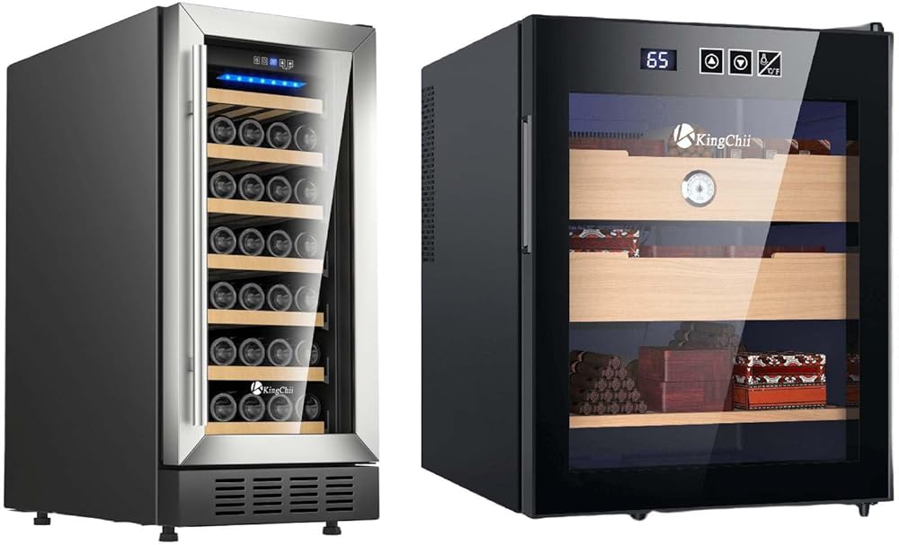 KingChii 15 Inch 31 Bottle Wine Cooler Refrigerator + 48L Electric Cigar Humidors, Temperature Control Cabinet with Spanish Cedar Wood Shelves (350 Counts Capacity)