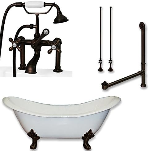 Des-463d-6-pkg-orb-7dh Cast Iron Double Ended Slipper Tub 71 X 30 With 7 Deck Mount Faucet Drillings And British Telephone Style Faucet Complete Oil Rubbed Bronze Plumbing Package With Six Inch Deck Mount Risersin Faux Copper