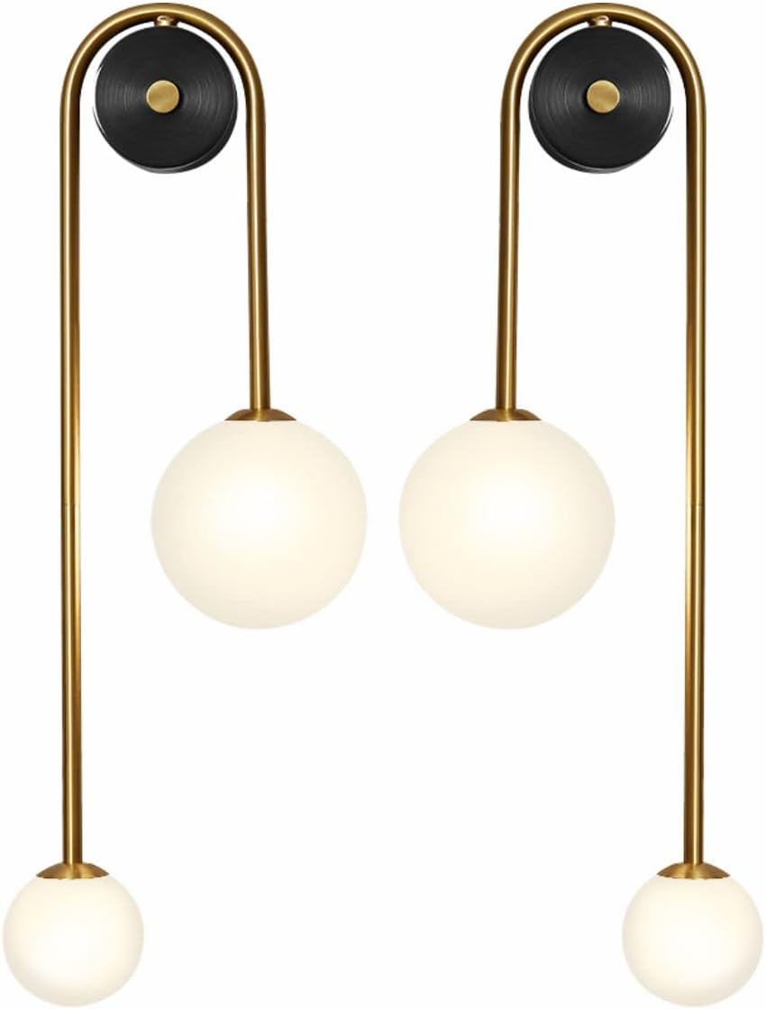 Globe Glass Wall Sconce Lighting 2-Lights Gold Modern Brushed Brass Wall Mount Light Mid Century Beside Wall Lamp with Glass Shade for Loft Living Room Bedroom (2 Pack)