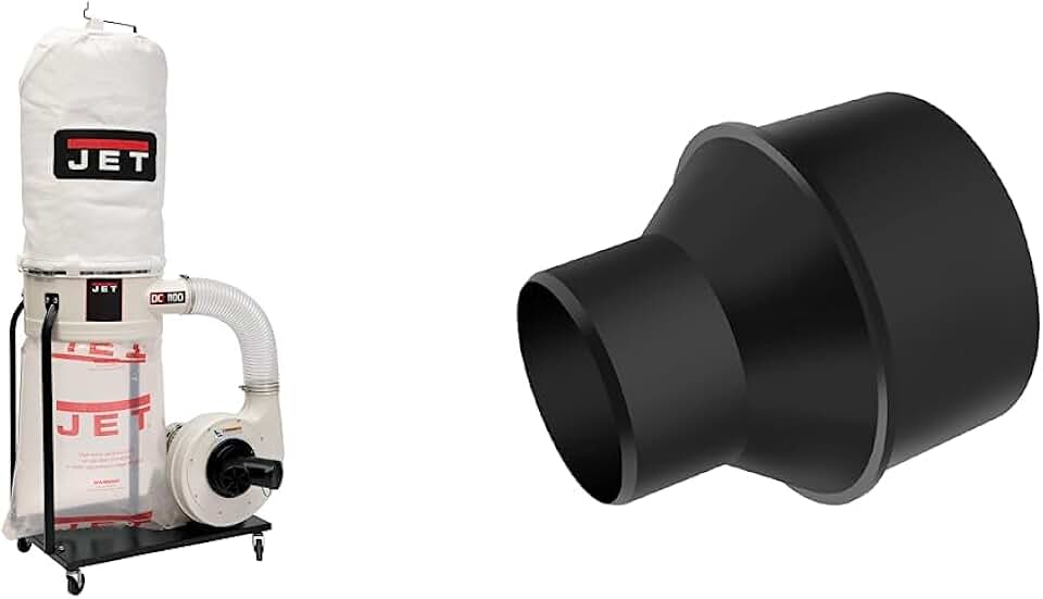 JET DC-1100VX-5M Vortex Cone Dust Collector, 5-Micron Bag Filter, 1100 CFM, 1Ph 115/230V (708658K) & POWERTEC 70136 4-Inch Hose to 2-1/2 Inch Hose Cone Reducer