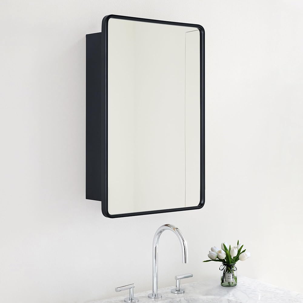 TEHOME Surface Mount 20x30'' Black Bathroom Medicine Cabinet with Mirror Matt Black Metal Framed Rounded Rectangle Medicine Cabinet with Beveled Mirror 4 Adjustable Glass Shelves