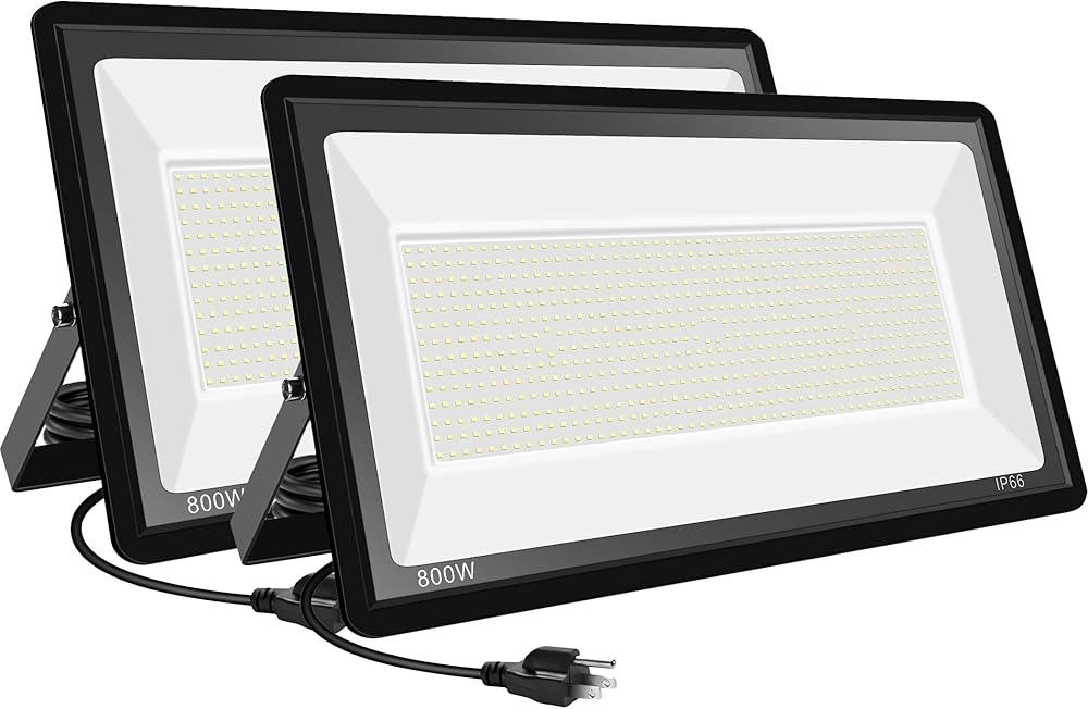 2 Pack 800W LED Flood Light Outdoor,Super Bright FloodLight with Plug,80000LM 5000K Daylight White IP66 Waterproof Commercial Lighting for Sports Fields,Counts,Arena,Stadium